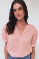 Loyalty Top - Textured V-Neck Split Collar Top with Puff Sleeves and Scallop Trims in Peach