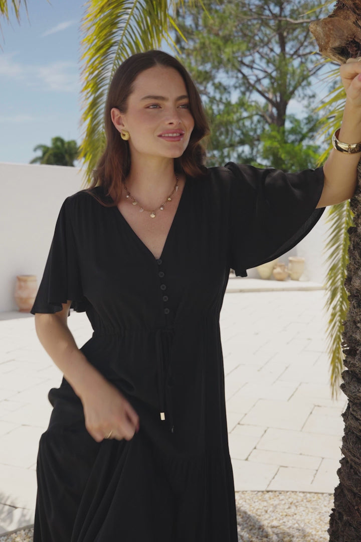 Anya Maxi Dress - Flutter Cap Sleeve Pull Tie Waist Dress in Black