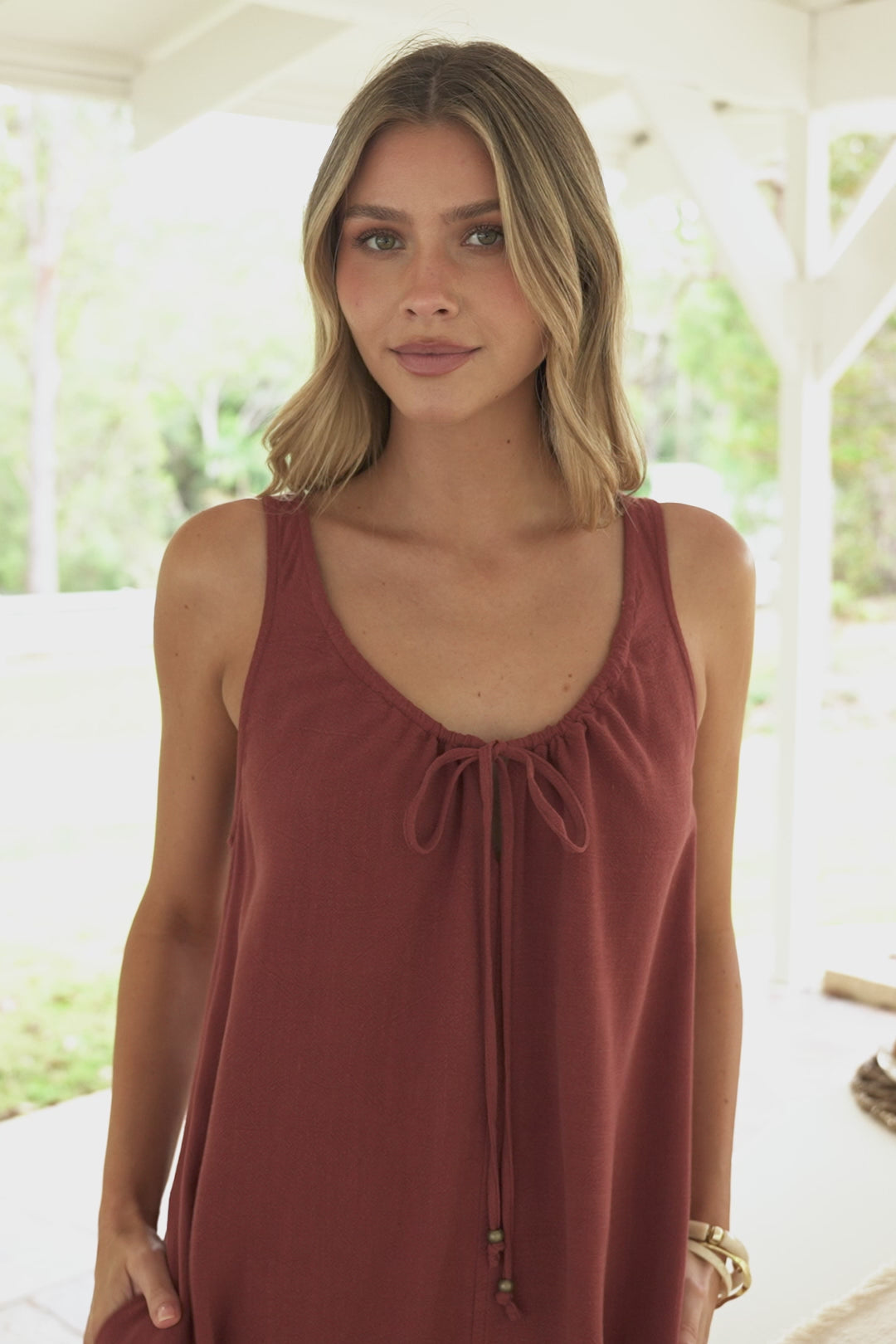 Corvina Mini Dress - Round Neck Swing Dress with Low Back Tie Detail in Terracotta