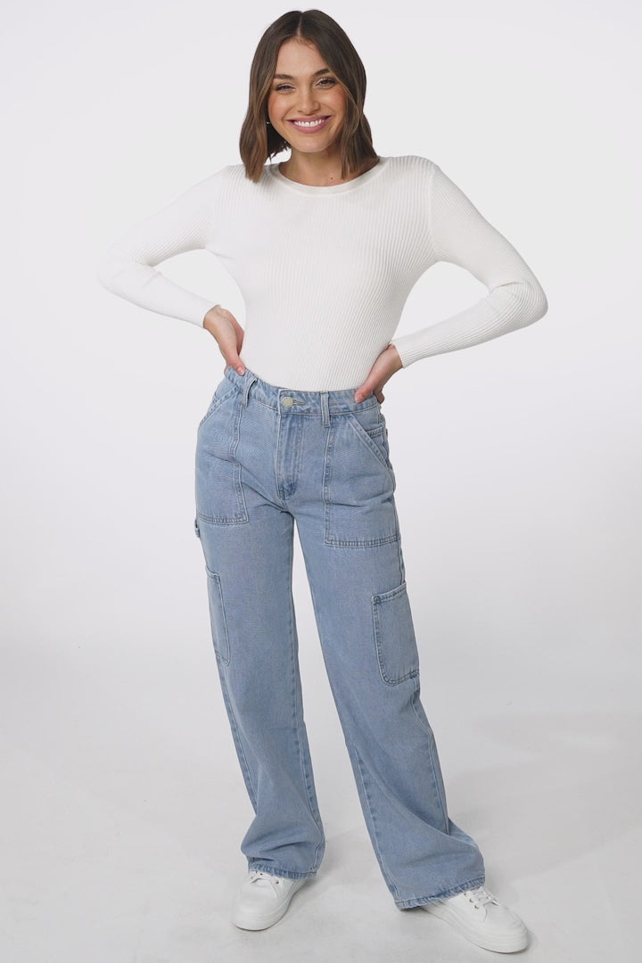 Chakra Cargo Pants - Straight Leg High Waist Cargo Jeans in Light Denim