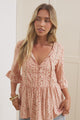 Dustin Top - Tie Neck Button Bodice Peplum Top with Frill Cuff 3/4 Sleeves in Lian Print