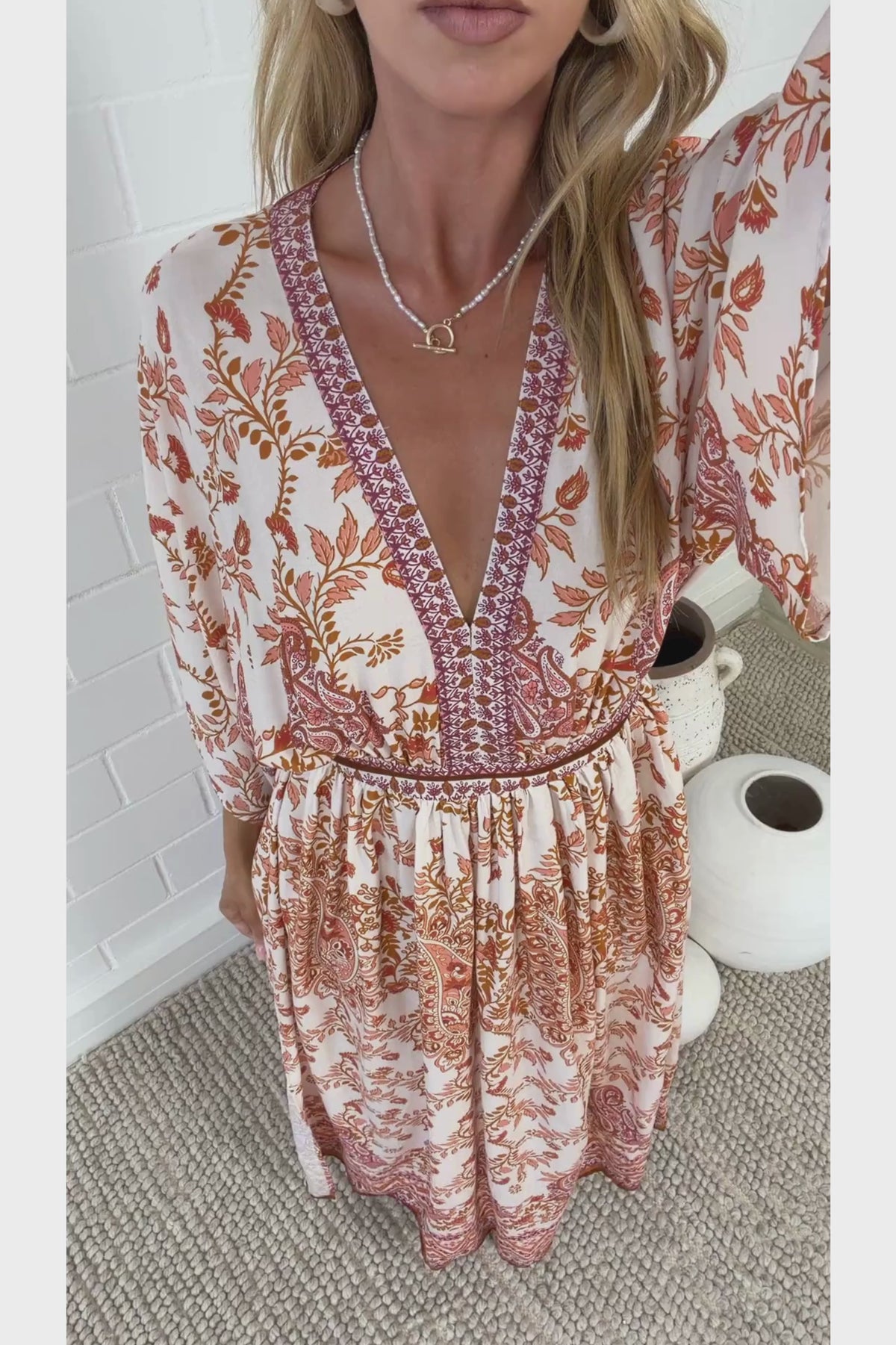 Zelle Maxi Dress - V Neck Batwing Sleeve Dress with Side Splits in Taya Print Orange