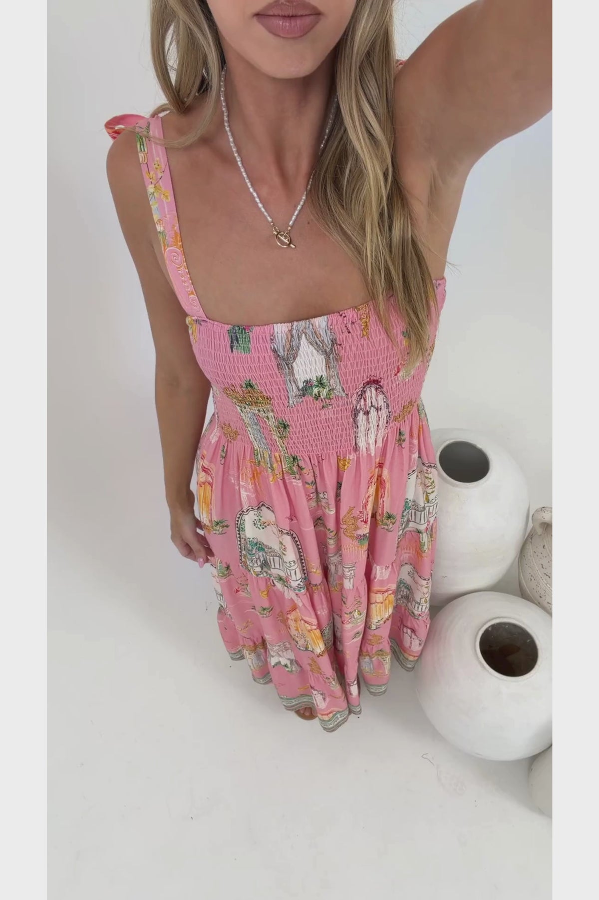 Romeo Maxi Dress - Smocked Bodice A Line Dress with Tie Shoulder Straps in Juliet Print