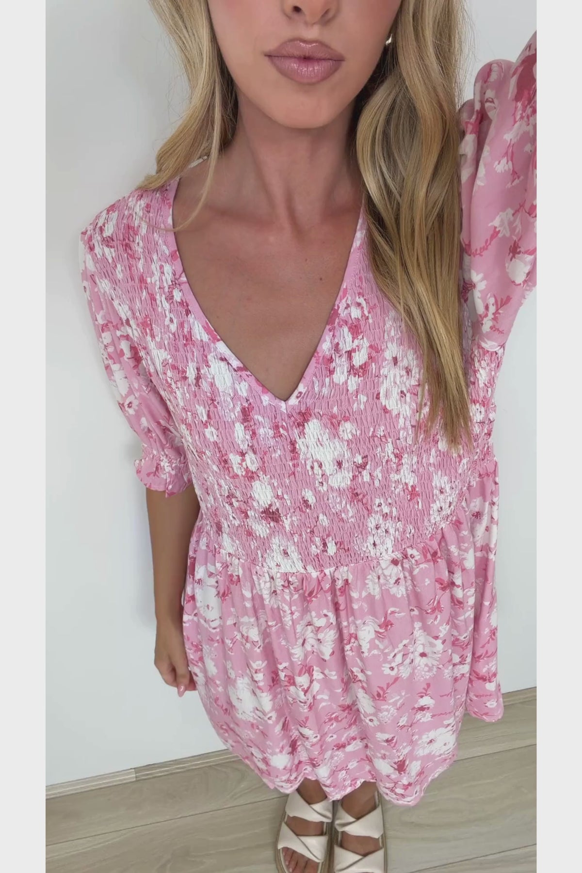 Brissa Mini Dress - V-Neck Shirred Bodice Balloon Sleeve Dress in Katarina Print