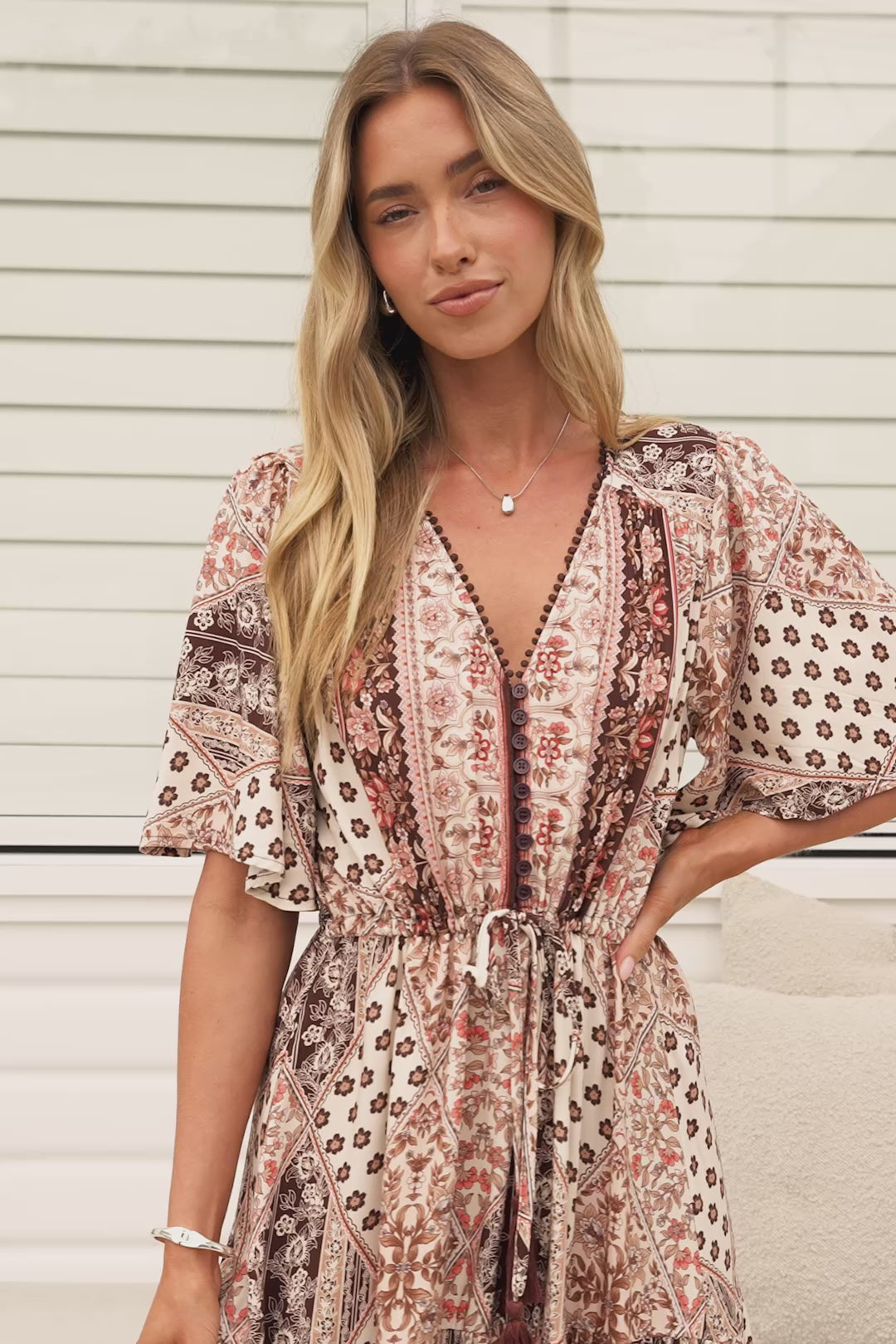 Model wearing Ellise Maxi Dress in Boba Print from Salty Crush