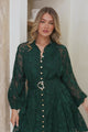 Solange Mini Dress - Floral Motif Overlay Front Button Placket Tiered Dress with Belt in Emerald