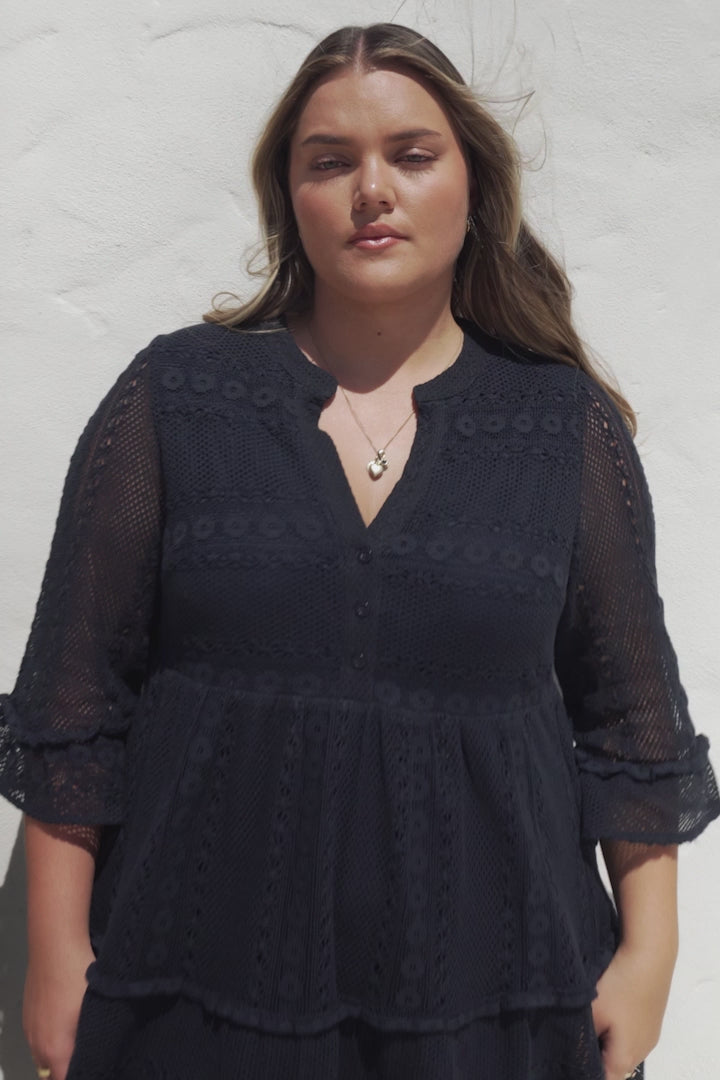 Emberly Mini Dress - Open-Work Lace Dress with Buttoned Bodice in Navy