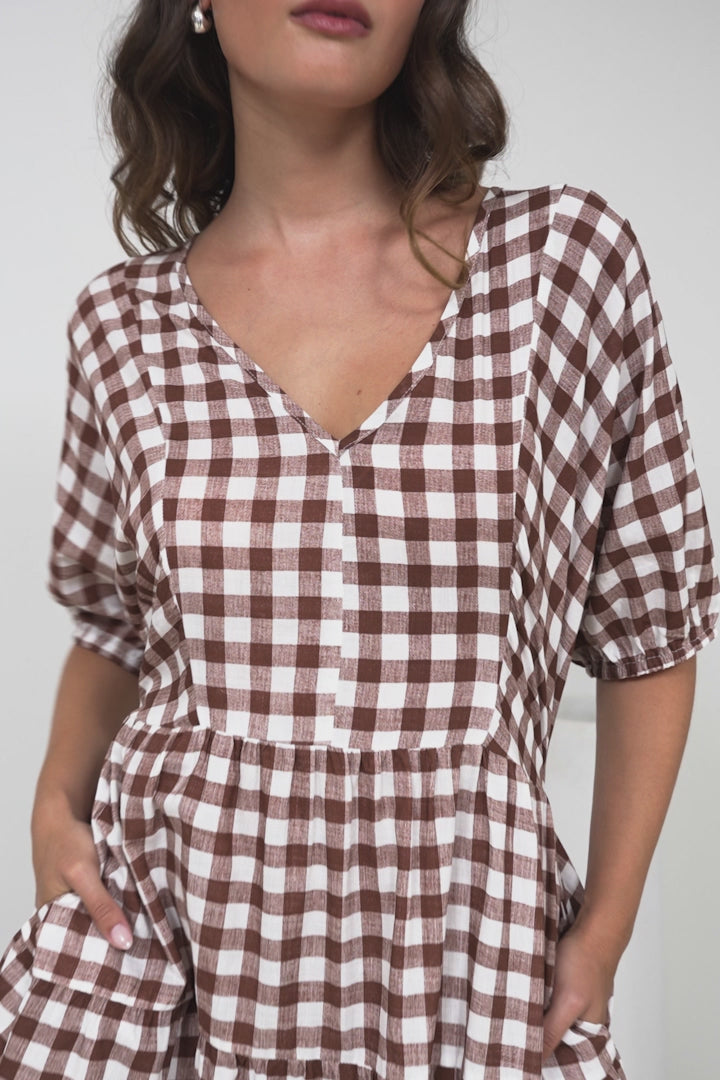 Treyshelle Mini Dress - V-Neck Puff Sleeve Tiered Dress in Gingham Brown