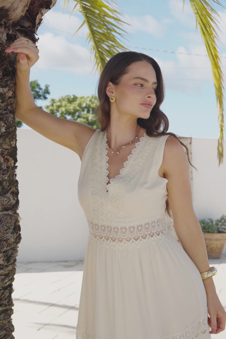 Cassia Maxi Dress - Lace Trim V-Neck Sleeveless with Lace Splicing Dress in Cream