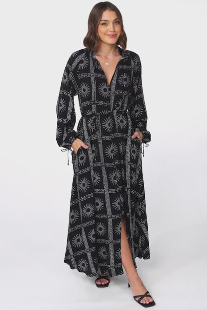 Amelie Maxi Dress - Frill Collar Button Through Dress with Waist Tie in Astra Print Black