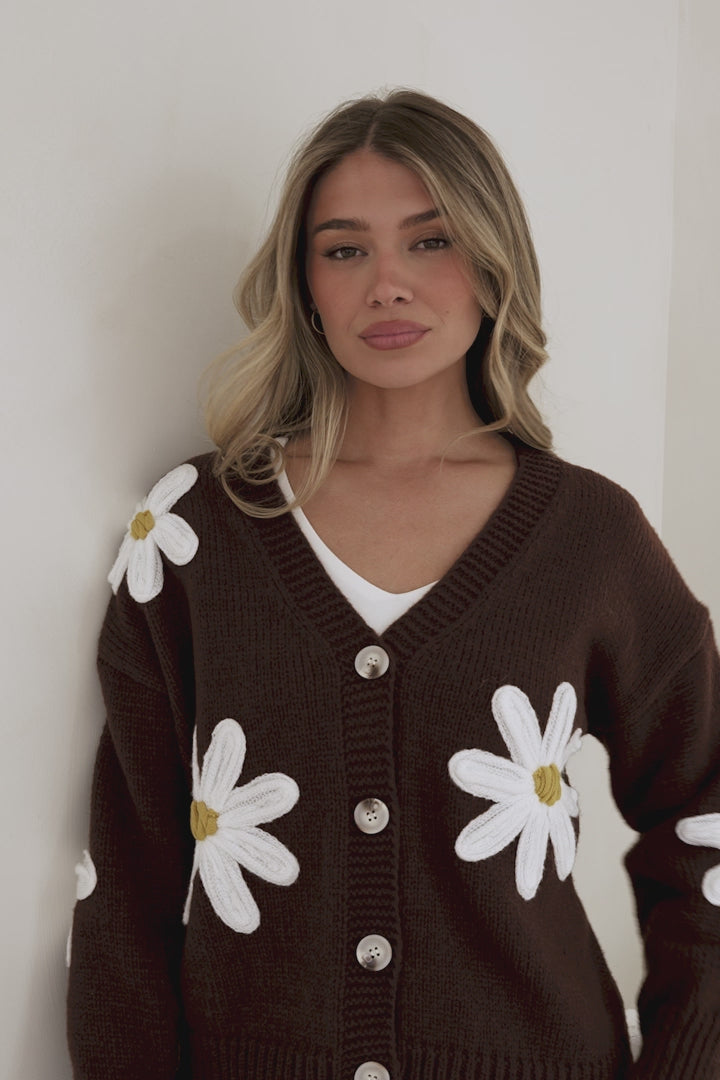 Daisy Belle Cardigan - Cropped Thick Knit Cardigan with Flower Decals in Coffee