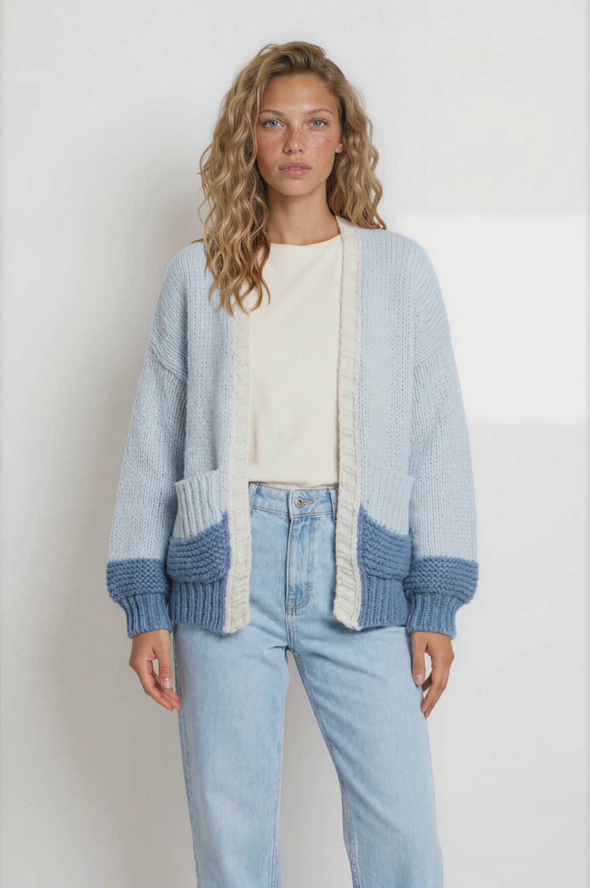 Rosie Cardigan - Cropped Colour Block Cardigan in Baby Blue
