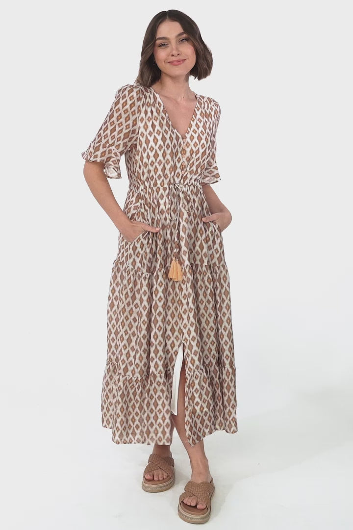 Andiara Midi Dress - A-Line Dress with Flute Sleeves and Waist Tie in Marah Print