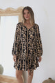Lianda Mini Dress - Soft V Neck Pull Over Shift Dress with Neck Tie & Matching Belt in Helio Print