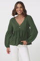 Grace Top - V-Neck Button Decal Long Sleeve Smock Top in Olive