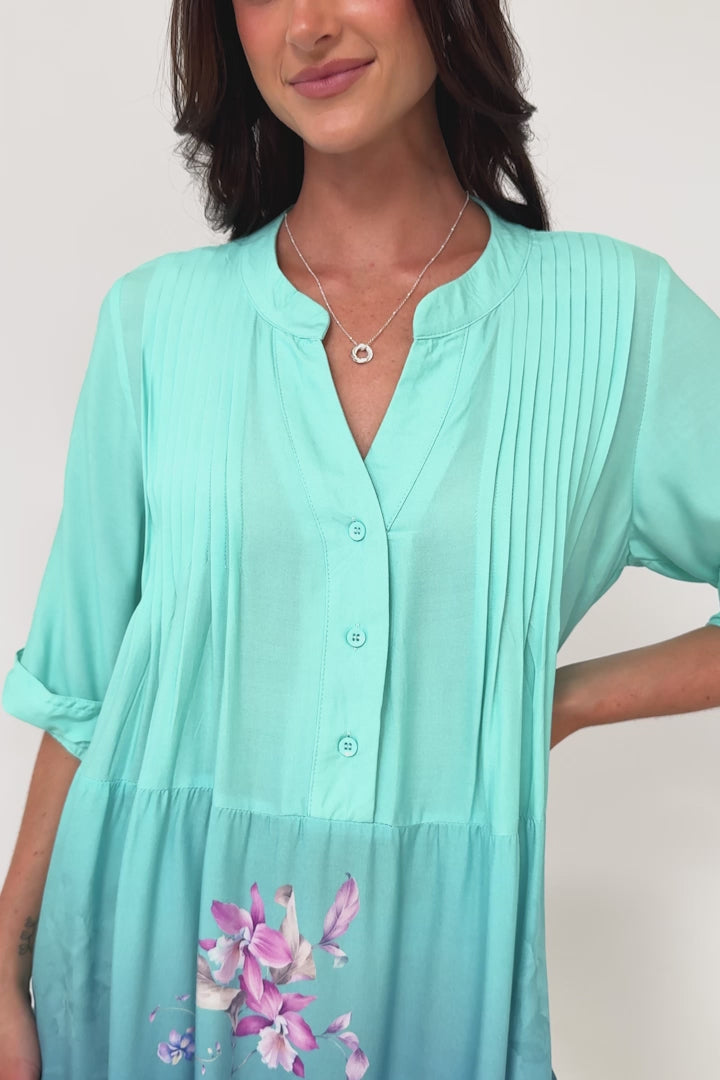 Evie Mini Dress - 3/4 Sleeve Tiered Smock Dress in Candyce Print Blue