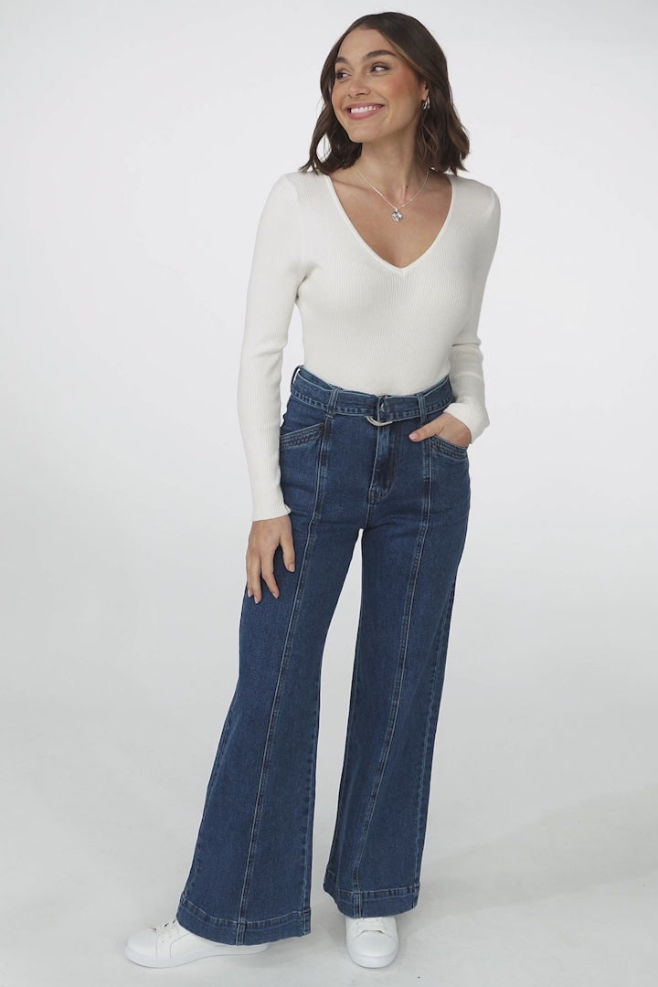 Hutton Jeans - High Waisted Flare Leg Jeans with Matching Belt in Dark Denim