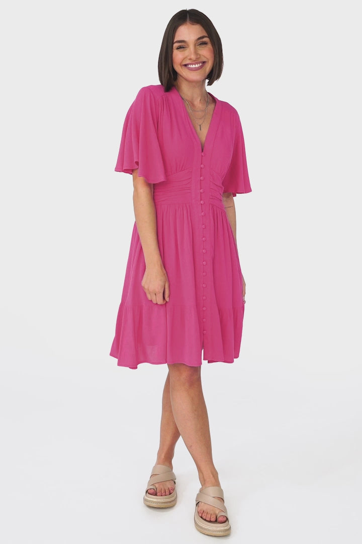 Gaia Mini Dress - Gathered Waist Detailed Dress wih Cape Sleeves in Hot Pink