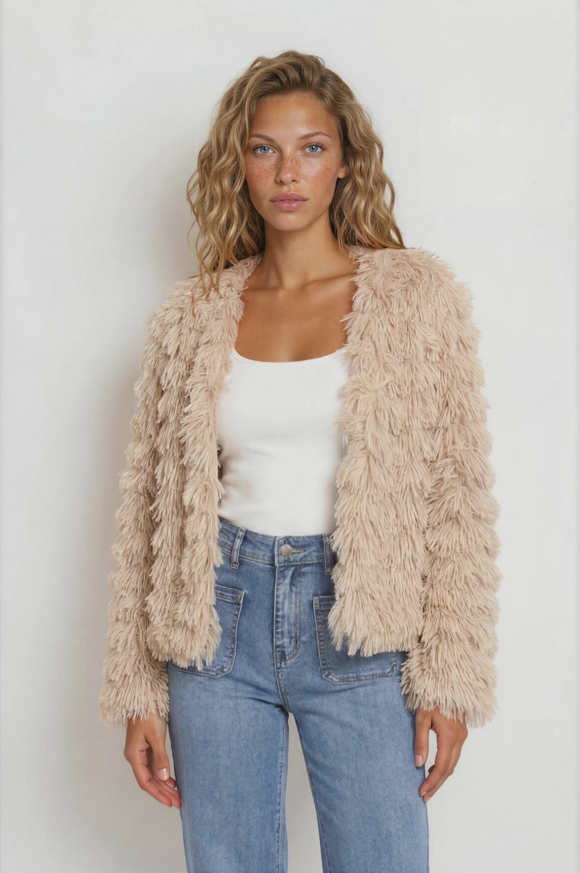 Hilton Jacket - Faux Fur Open Front Jacket in Beige