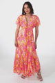 Ranaya Maxi Dress - Cap Sleeve Tie Bust Detailed A-Line Dress in Lucy Print Pink