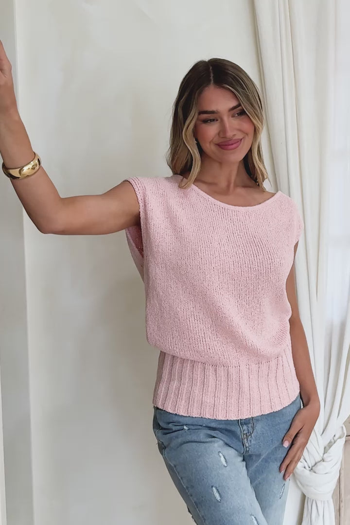 Mariah Knit Top - Sleeveless Asymmetric Neckline Top with Ribbed Hem in Pink