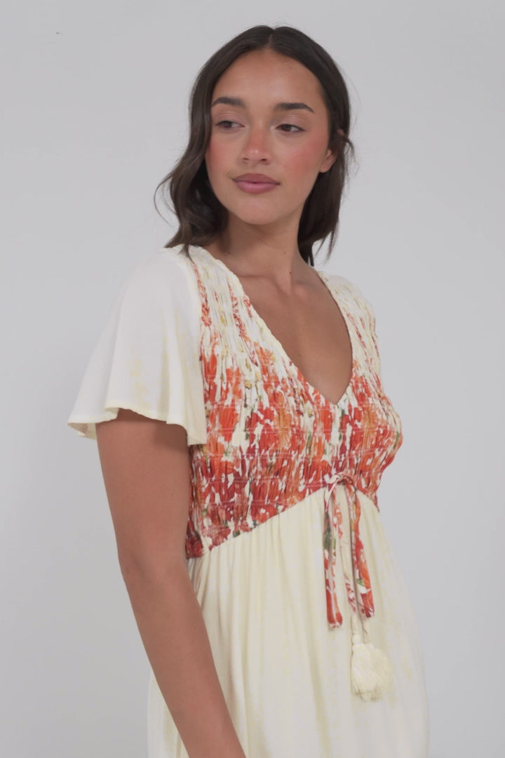 Amaya Midi Dress - Shirred Cap Sleeve A Line Dress in Marella Print Tangerine
