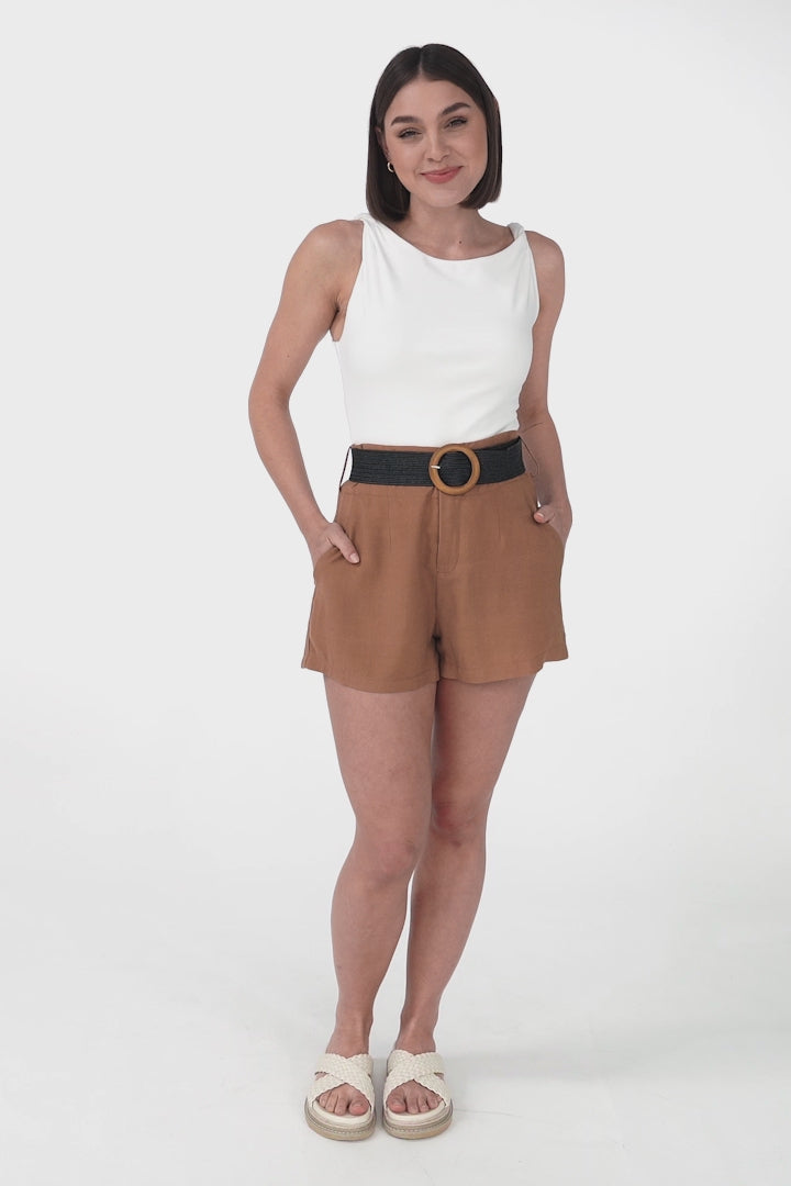 Marlyn Shorts - High Waisted Short with Statement Belt in Camel