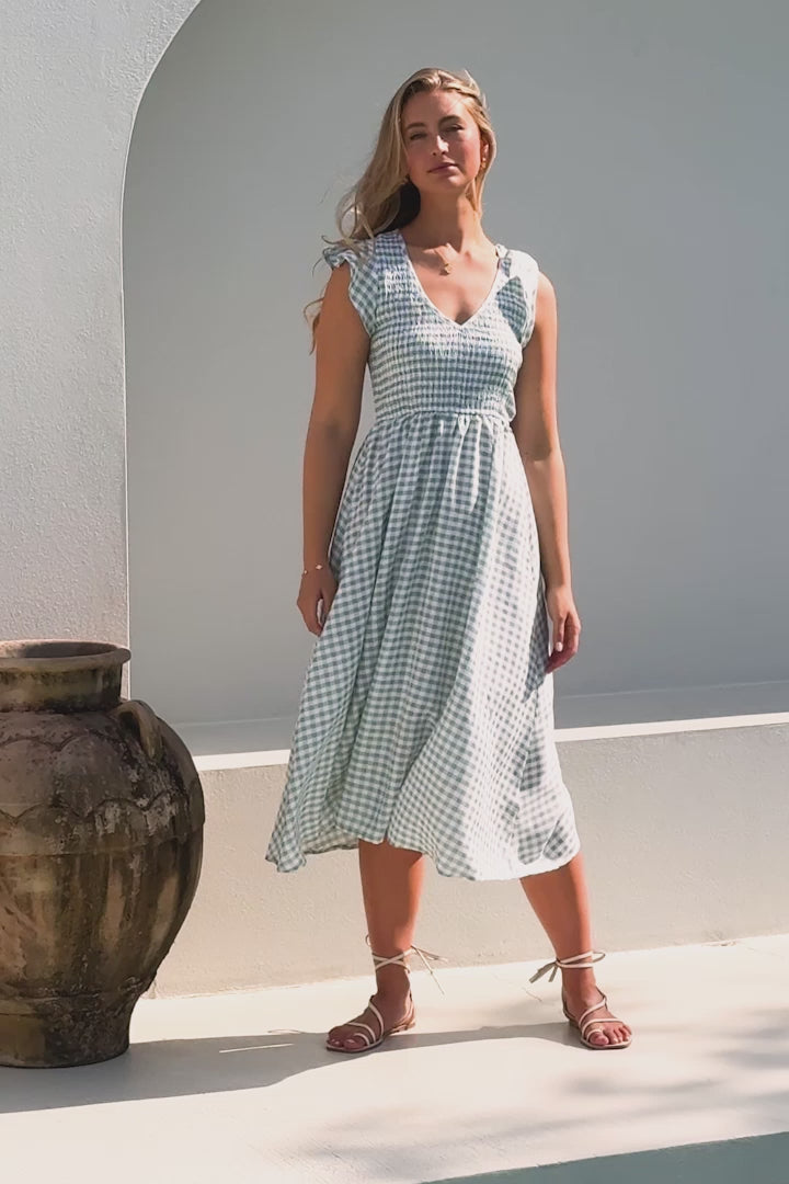 Mistee Midi Dress - Flutter Cap Sleeve Elasticated Bodice A Line Dress in Gingham Print Green