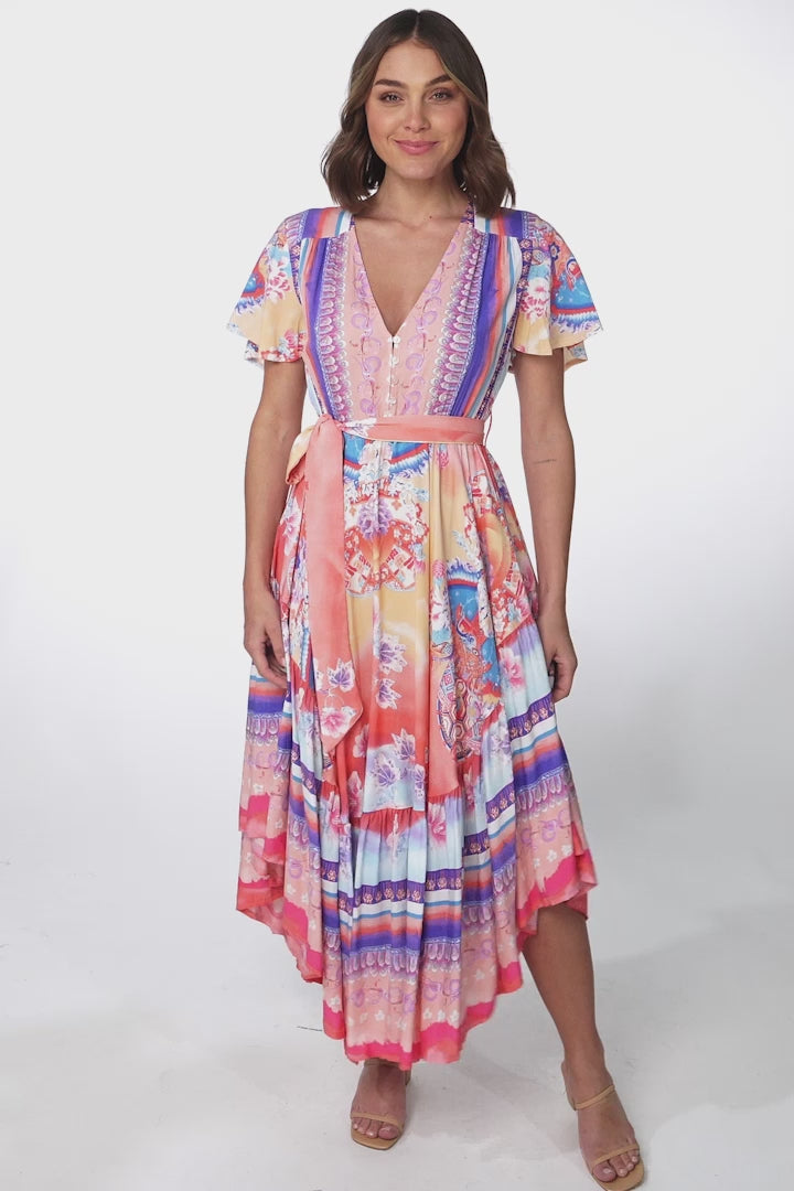 JAASE - Taurus Maxi Dress: Flutter Cap Sleeve Deep V Neck Handkerchief Hem Dress with Matching Waist Tie in Lunar Print