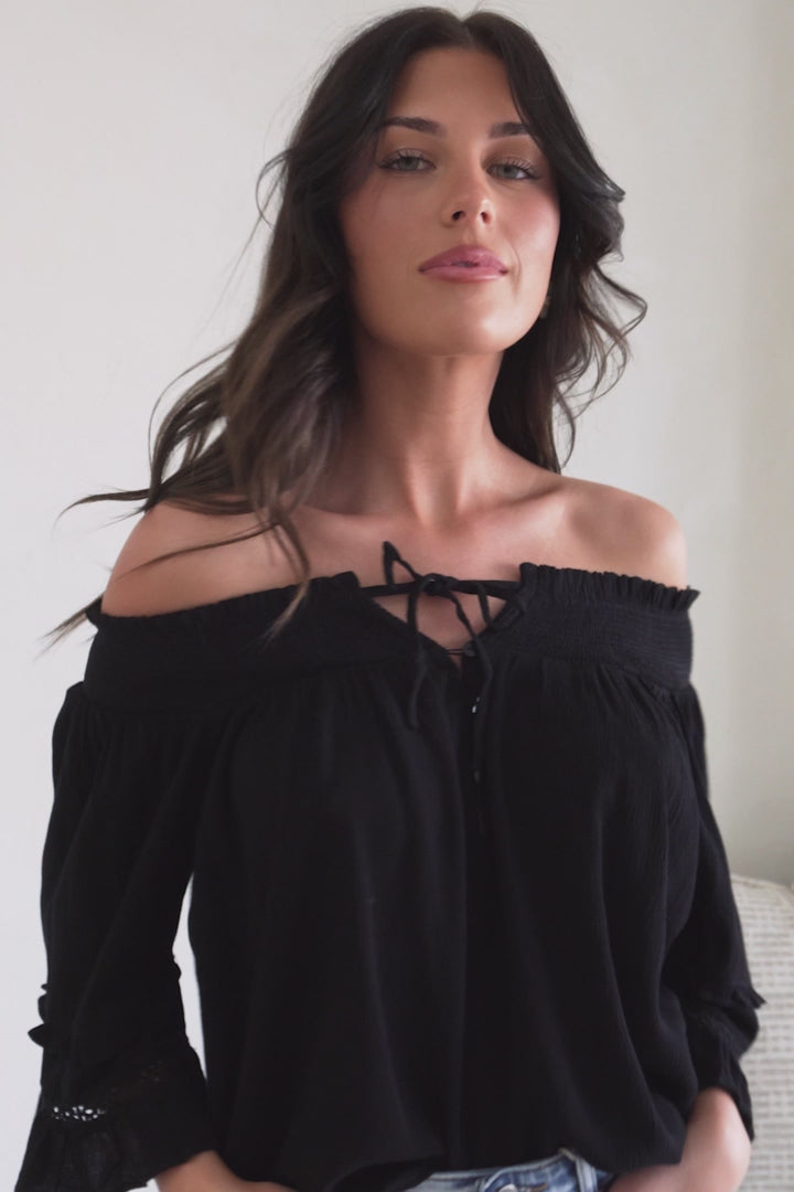 Sarah Top - Off Shoulder Ruffled Sleeve Top in Black