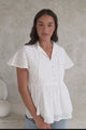 Marcy Top - Frill Mandarin Collar with Neck Tie Embroidered Smock Top in White