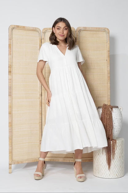 Milla Midi Dress - Tiered Cap Sleeve Button Down Linen Dress in White