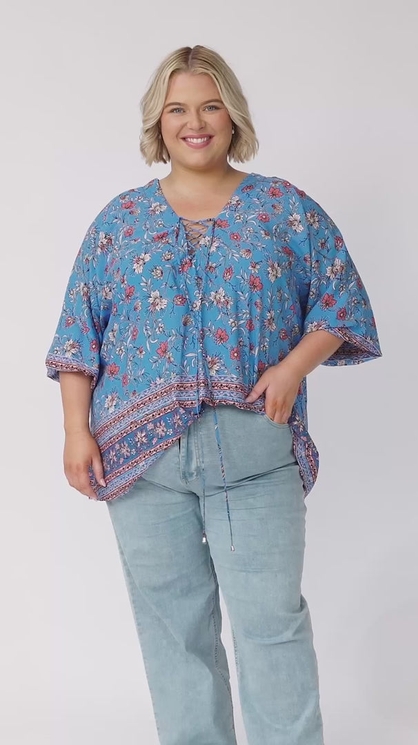 JAASE - Palas Top: V Neck Slouch Blouse With Criss Coss Bust Tie In Josianne Print