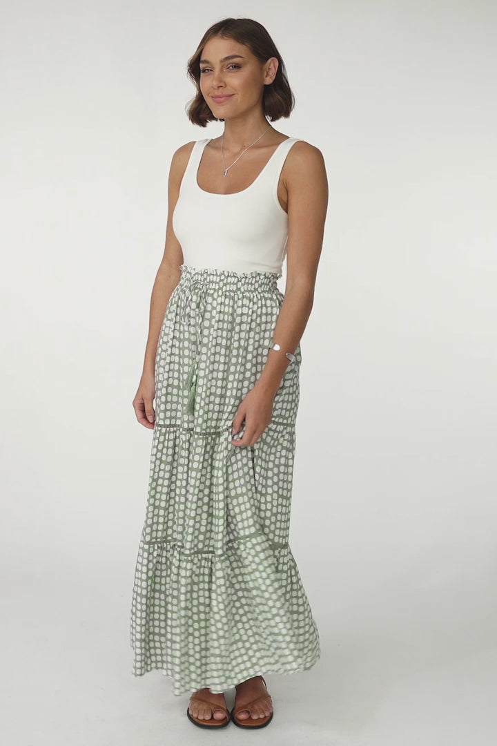 Billy Maxi Skirt - Tiered Crochet Insert Skirt in Maryanne Print Green