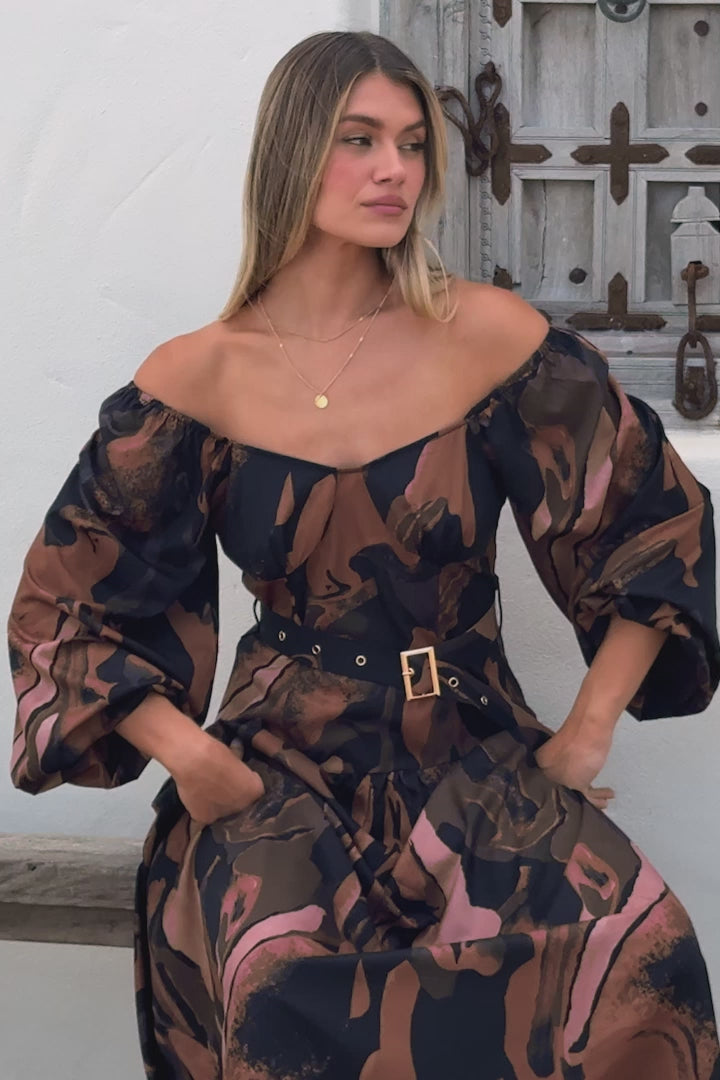 Athena Maxi Dress - On or Off Shoulder A-Line Dress with Matching Belt in Chelsea Print Brown
