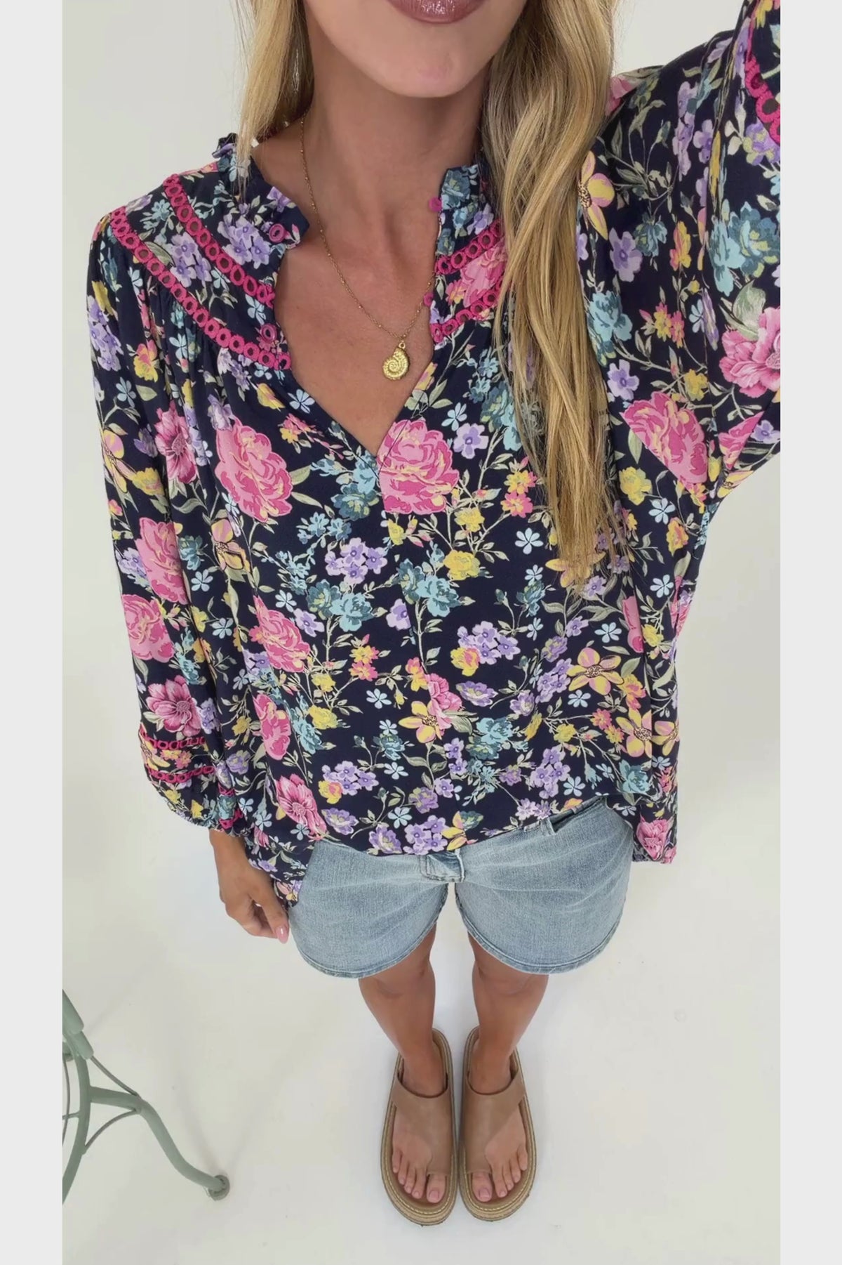 Kalina Blouse -  V Neck High Low Top with Balloon Sleeves and Lace Detailing in Antonia Print Navy