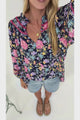 Kalina Blouse -  V Neck High Low Top with Balloon Sleeves and Lace Detailing in Antonia Print Navy