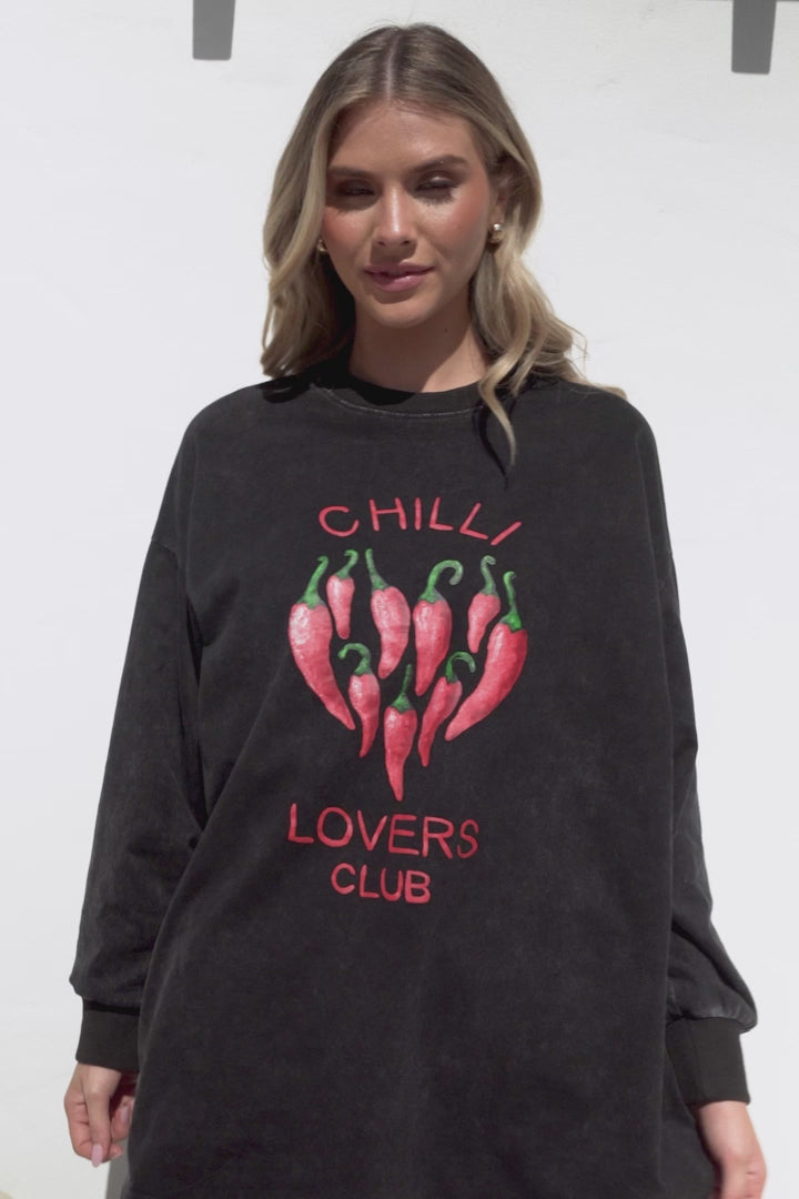 Chilli Lovers Set - Graphic Long Sleeve Top and Pants with Stripe Accent in Black