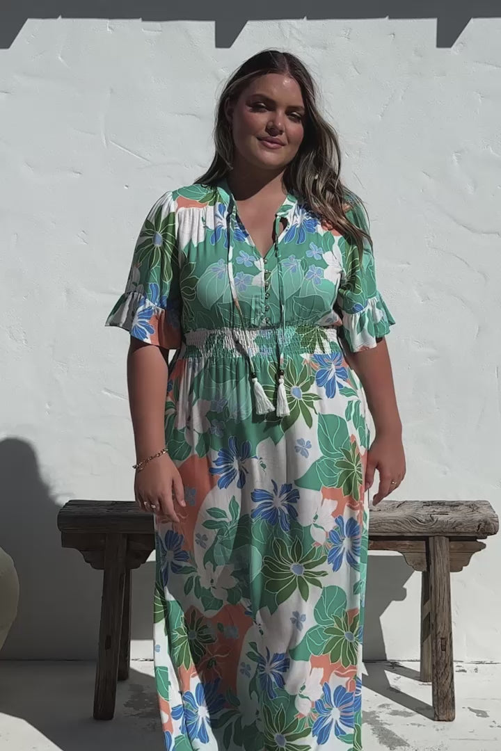 Jemina Maxi Dress - V-Neck Elasticated Waist A-Line Dress in Meaghan Print