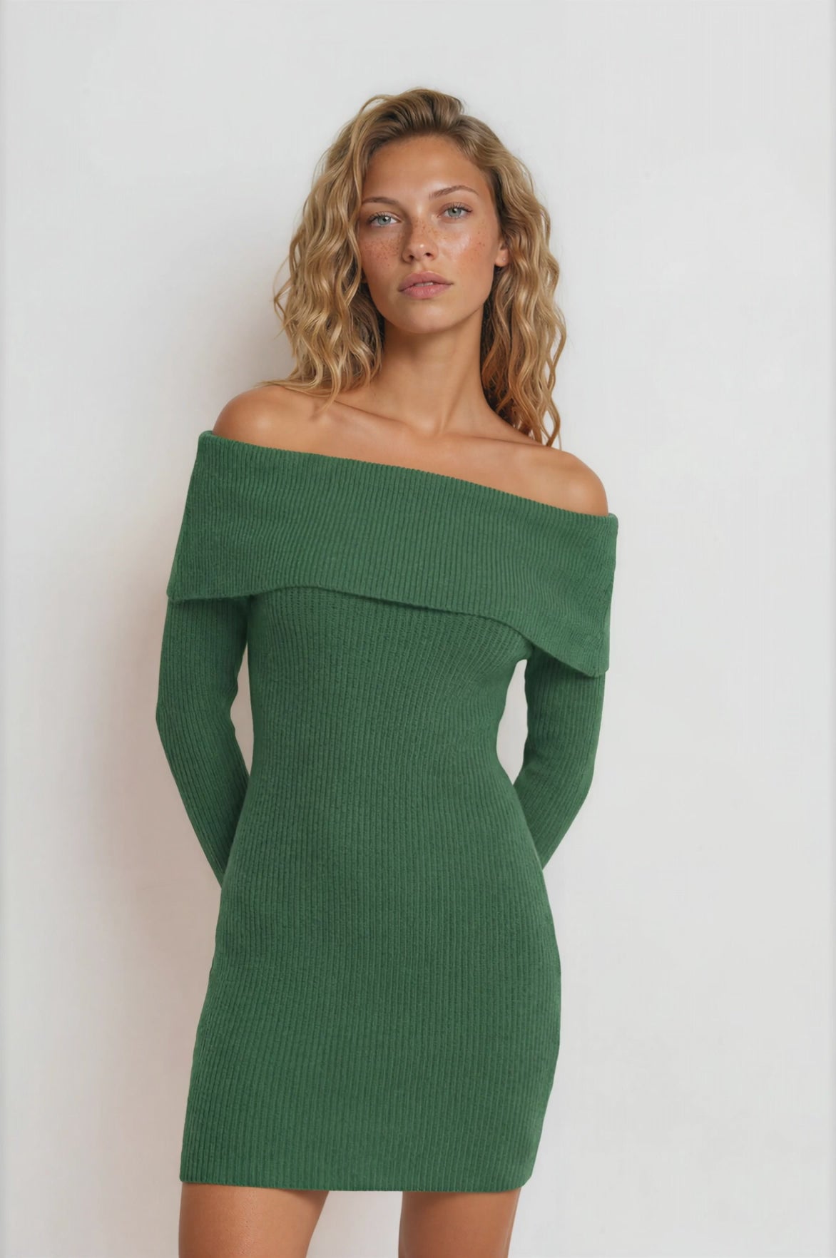 Marnelle Mini Dress - Off Shoulder Asymmetric Neckline Knit Dress in Green