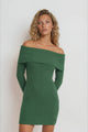 Marnelle Mini Dress - Off Shoulder Asymmetric Neckline Knit Dress in Green