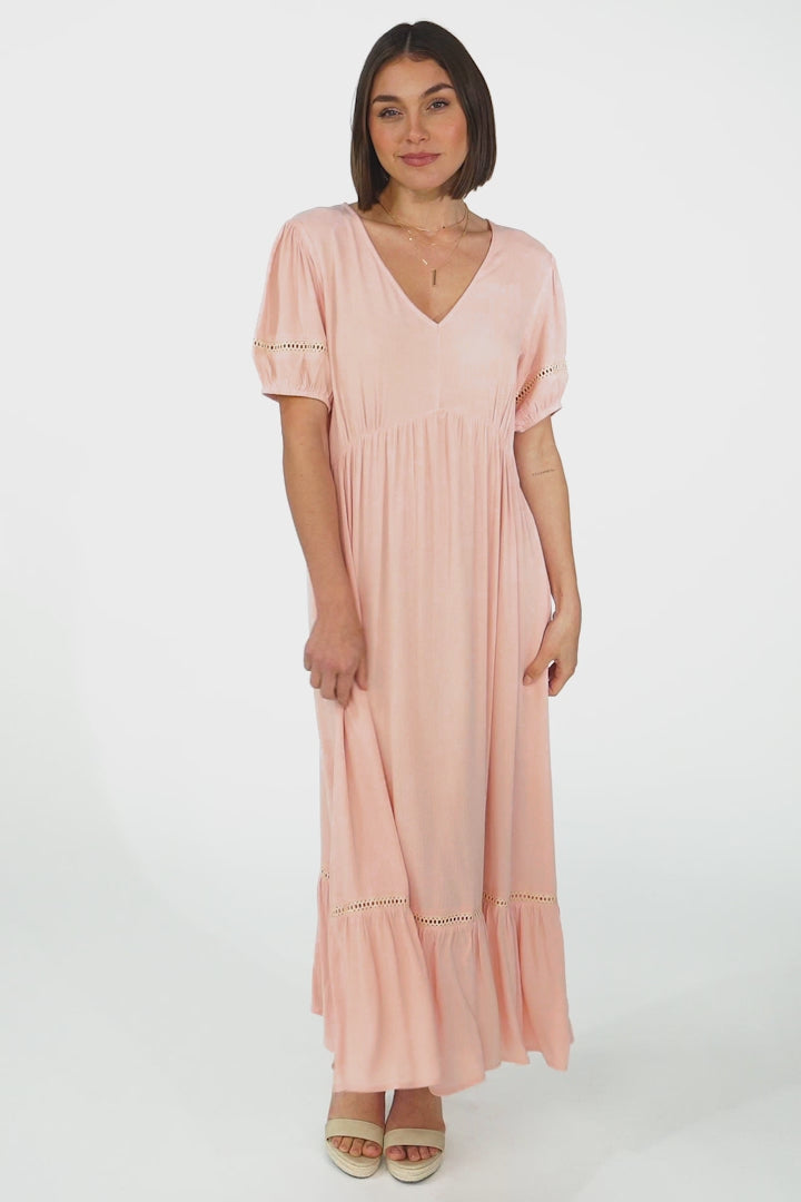 Marin Maxi Dress - Hollow-Out Lace Detailed Empire Waist Line Dress in Dusty Pink