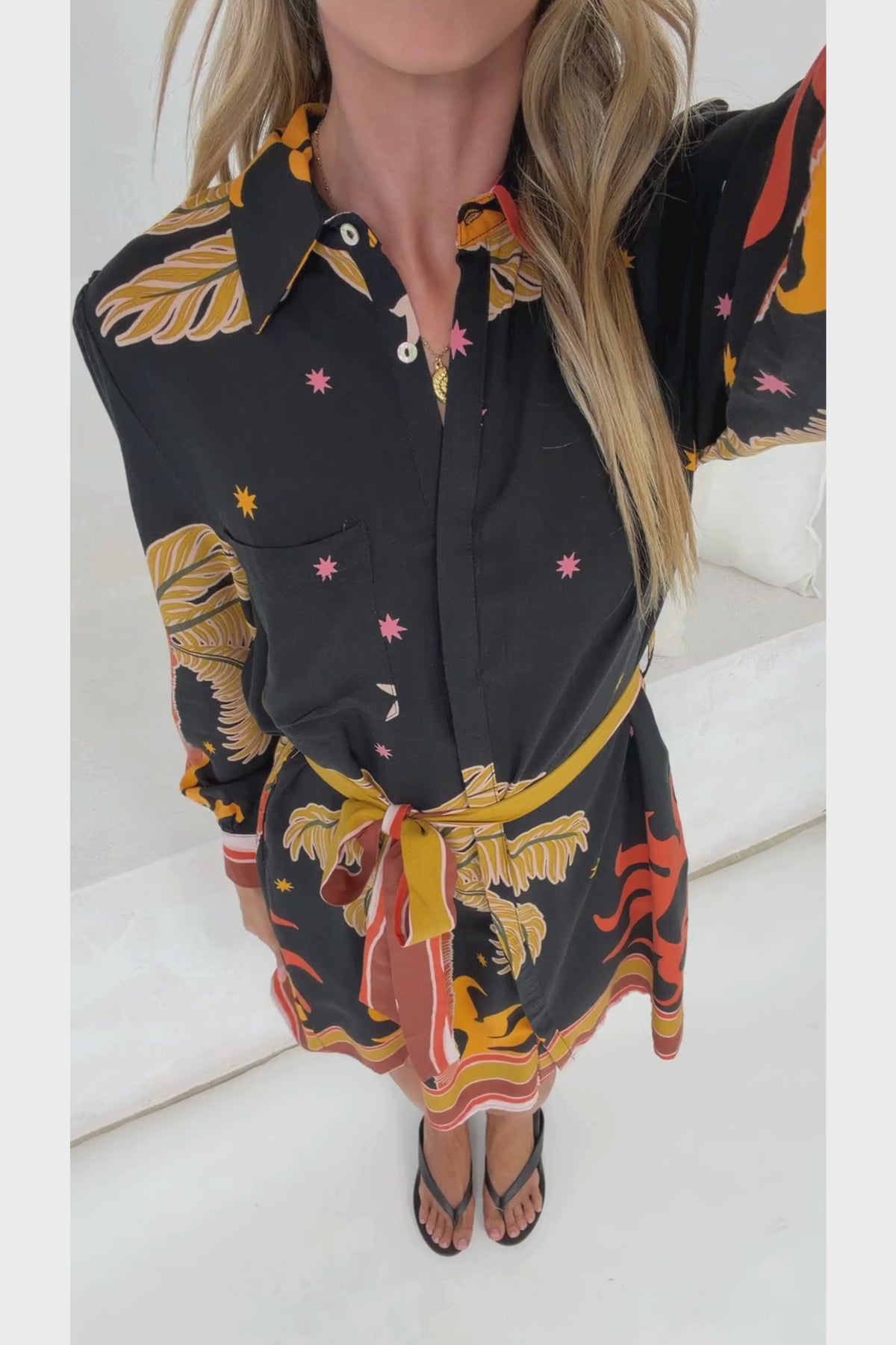 Ruby Mini Dress - Collared Shirt Balloon Sleeve Dress with Matching Belt in Midnight Desert Print