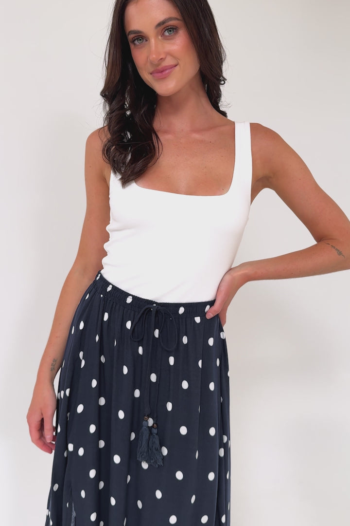 Hellen Maxi Skirt - High Waisted Skirt with Front Splits in Parisian Polka Print Navy