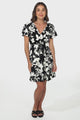 Malila Mini Dress - Cap Sleeve A Line Dress with Pull Tie Waist in Kacia Print Black