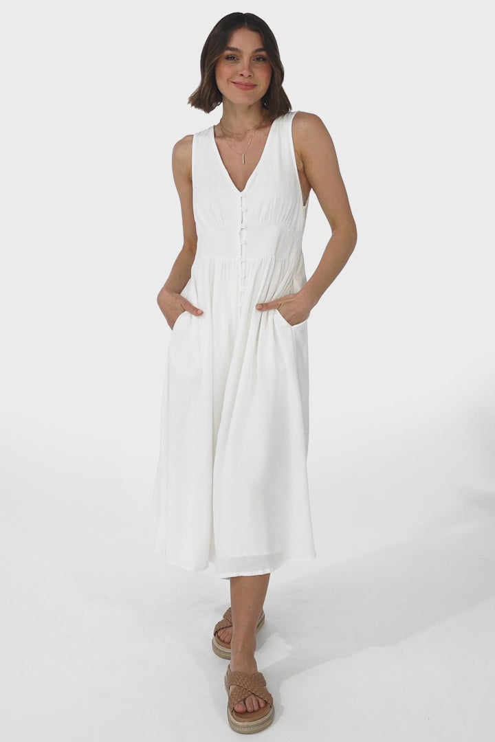 Anaya Midi Dress - V Neck Linen/Cotton Blend Button Down Sleeveless Dress in White