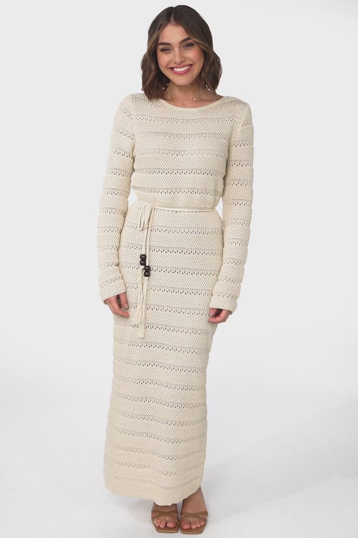 Dayside Knit Maxi Dress - Body Con Knit Dress with Plaited Belt in Beige