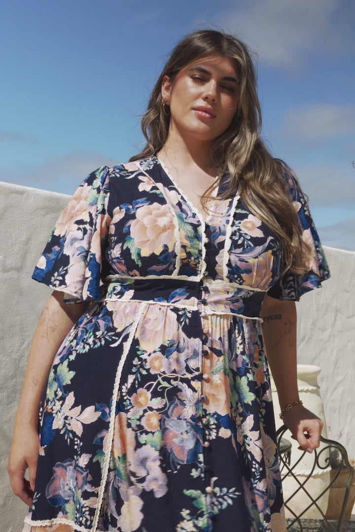Nolette Maxi Dress - Lace Trim Button Down Dress with Flutter Sleeves in Ana Print Navy