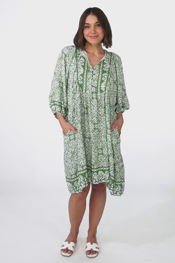 Juddy Mini Dress - Batwing Sleeve Smock Dress with Lace Detailing in Harley Print Green