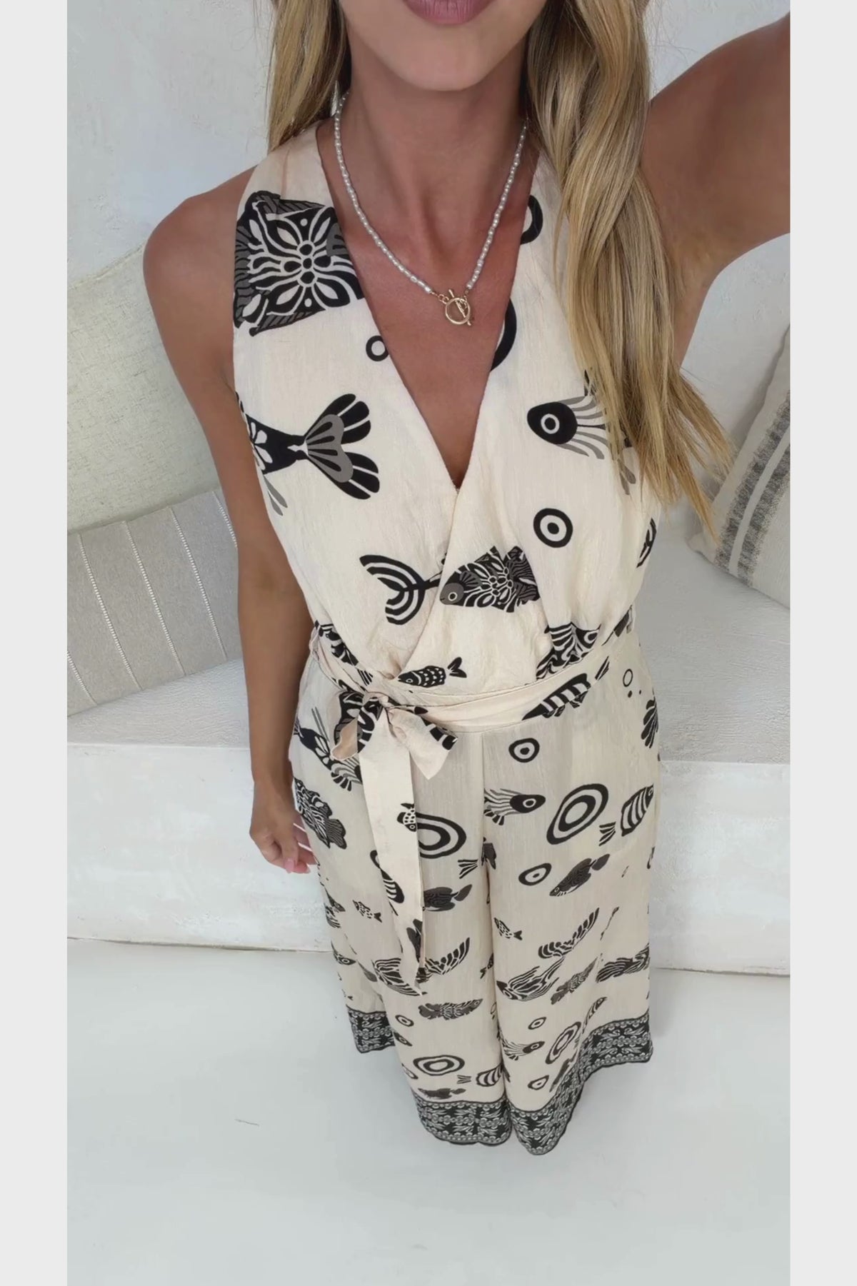 Lira Jumpsuit - V-Neck Wide Leg Pant Jumpsuit with Belt in Maren Print